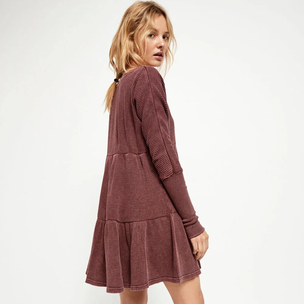 Free People FP ONE Jolene Waffle Knit Thermal Henley Tiered Mini Dress Wine S